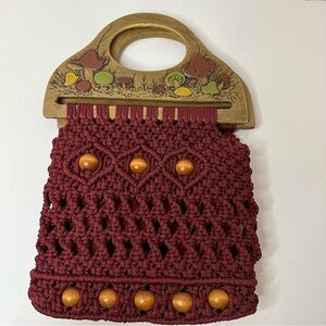 Vintage macrame purse, woven design, wooden handles with mushroom design